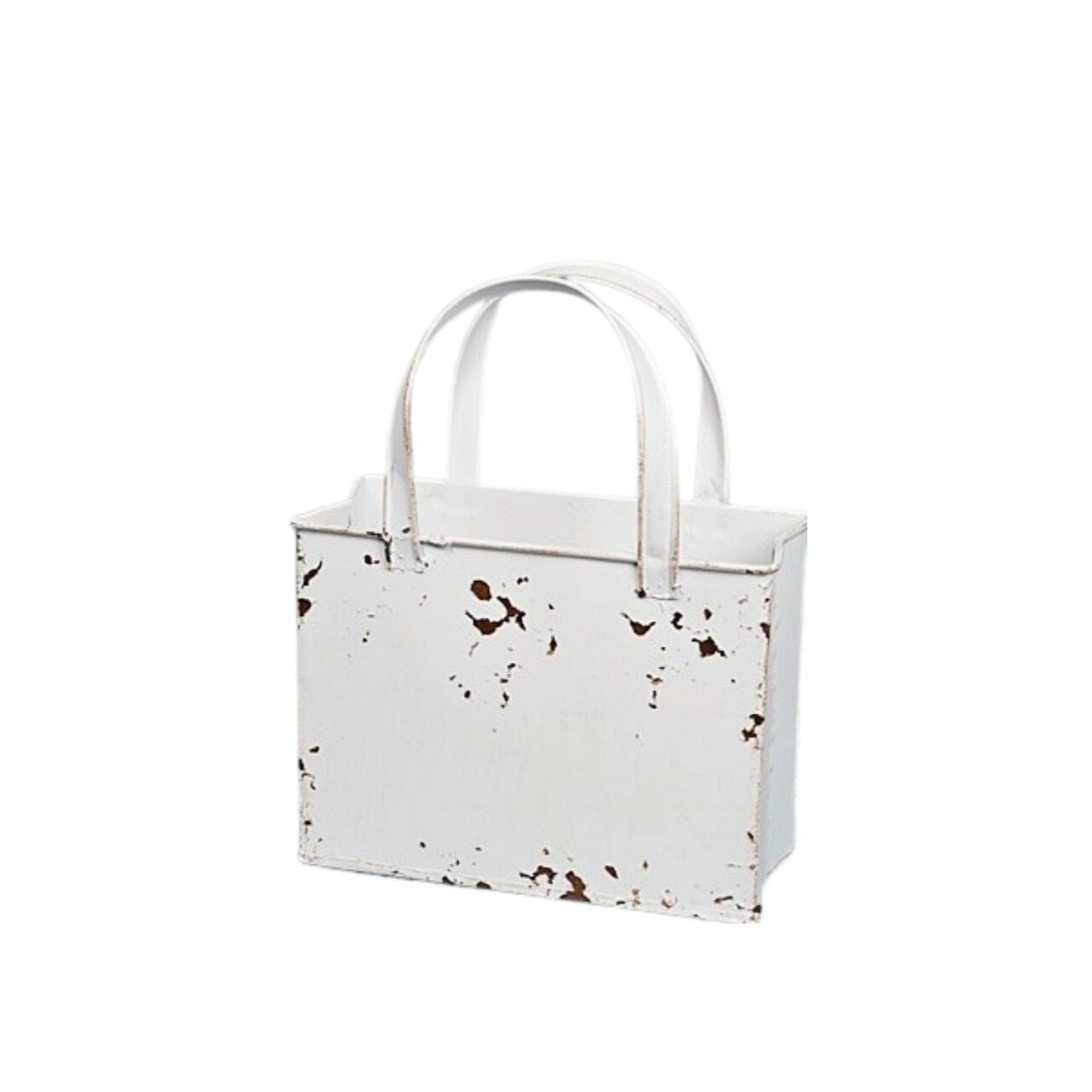 Distressed White Metal Tote Bag – Rustic Farmhouse Container for Floral Arrangements & Holiday Decor-M10827